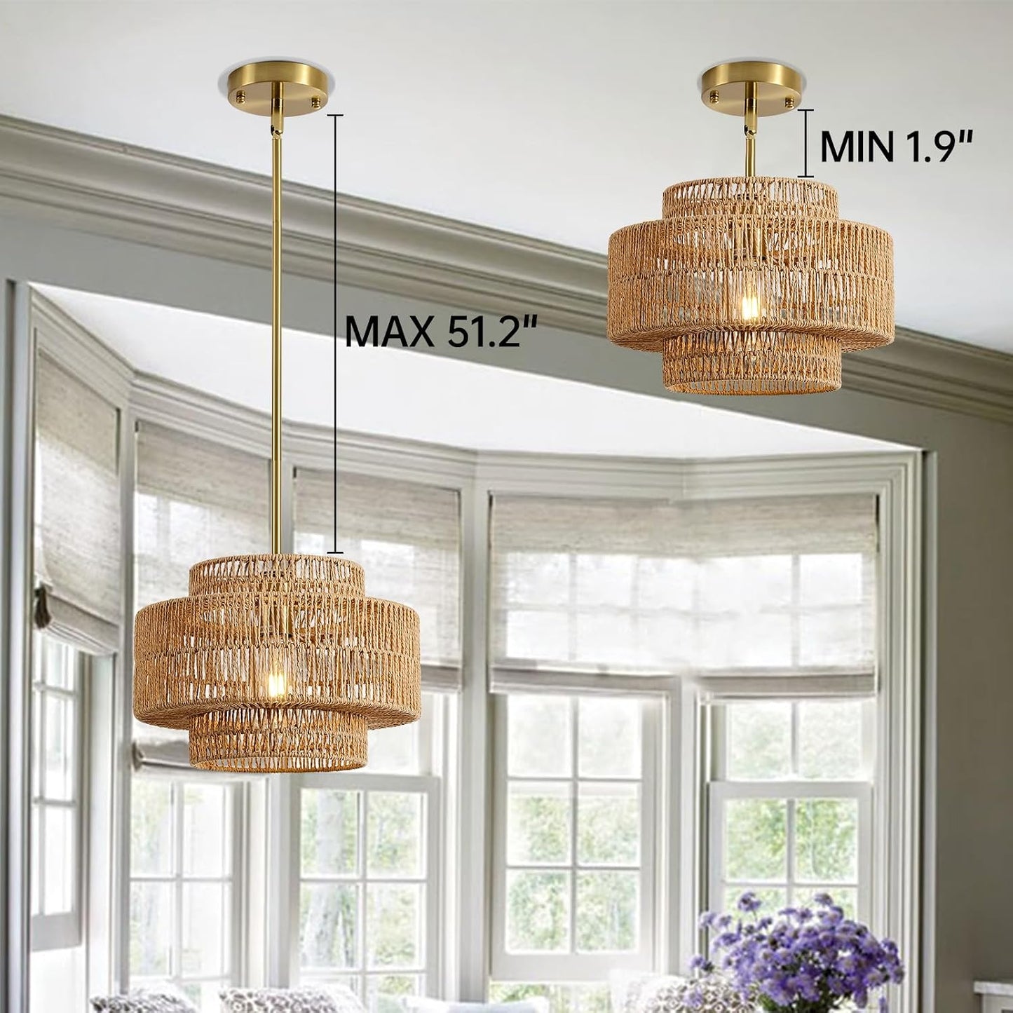 12.4" Rattan Pendant Light for Kitchen Island, Boho Chandelier | 1-Light, Hand Woven, No Assembly, Gold Hardware, Farmhouse Coastal Drum Wicker Light Fixture Dining Room Hallway Entryway