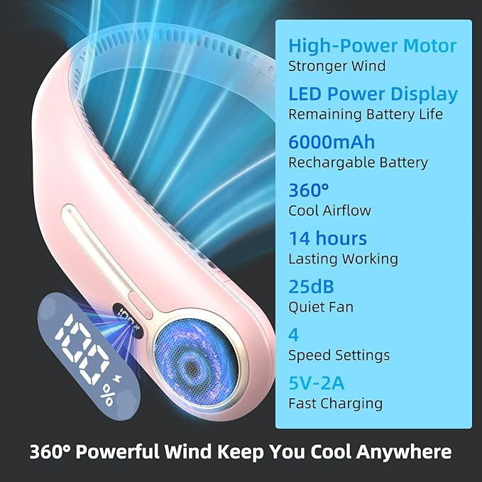 Portable Neck Fan, Hands Free Personal Wearable Bladeless Fan, 6000mAh USB - Image 3