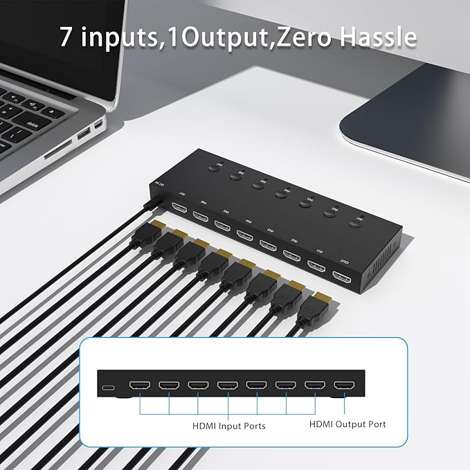 Y.D.F 7 Port HDMI Switch, 4k@60Hz HDMI Switcher 7 in 1 Out HDCP 2.0 Manual HDMI - Image 3