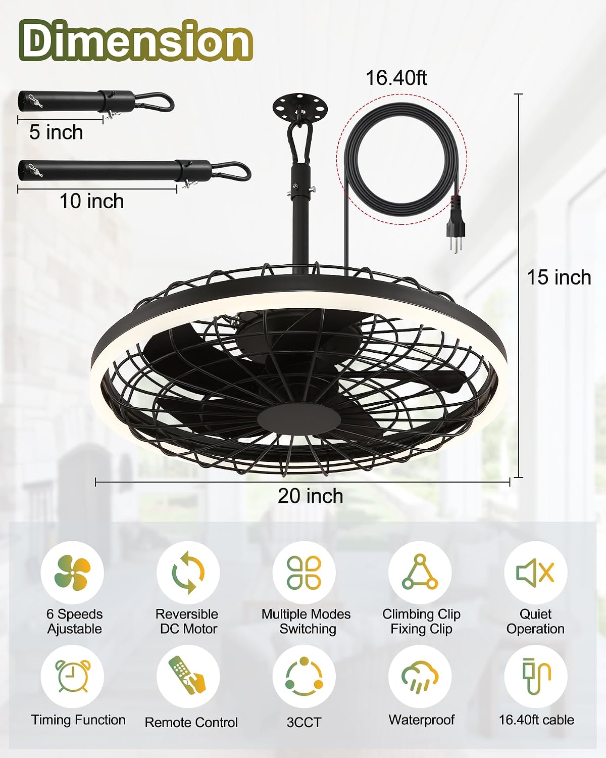 20" Gazebo Fan With Light Waterproof Ceiling Fan,5 Blade,Dimmable Color,3CCT,Alexa/Google,Black Plug In Caged Outdoor Fan for Patio Backyard Family Reunions Parties