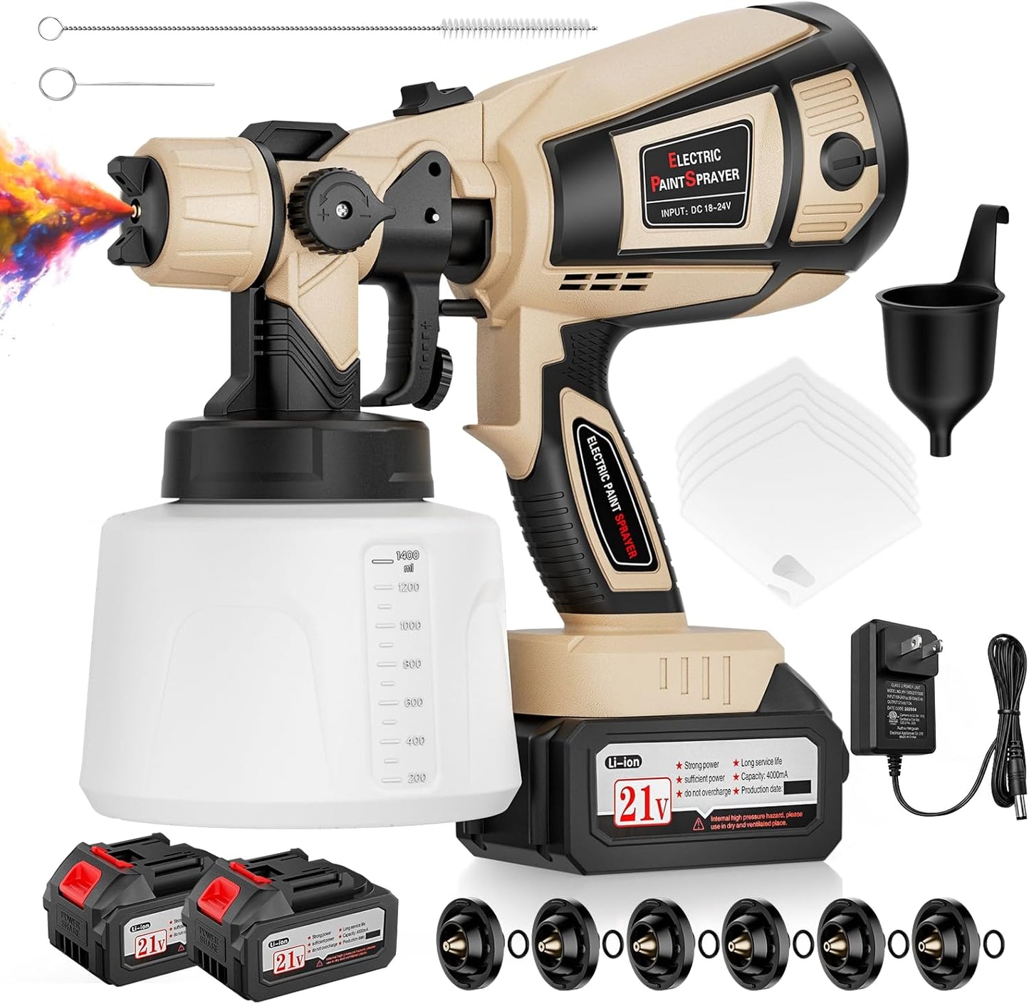 Cordless Paint Sprayer for House Painting with 2×4.0Ah Battery, 650W | Easy to Clean & Use, Even Coating, 6 Brass Nozzles, 1400ML Container, Paint Gun for Wall Fence Furniture Ceiling DIY Projects