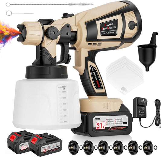 Cordless Paint Sprayer for House Painting with 2×4.0Ah Battery, 650W | Easy to Clean & Use, Even Coating, 6 Brass Nozzles, 1400ML Container, Paint Gun for Wall Fence Furniture Ceiling DIY Projects