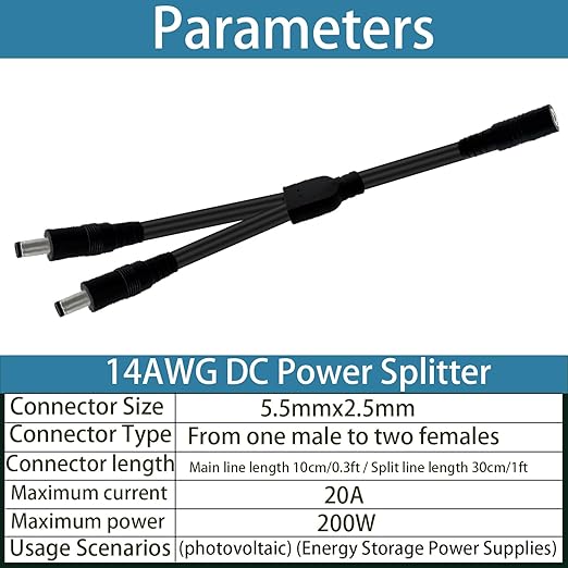 1.3FT 5.5mmx2.5mm 14AWG 12V/24V DC Power Splitter 1Female to 2Male High Power - Image 4