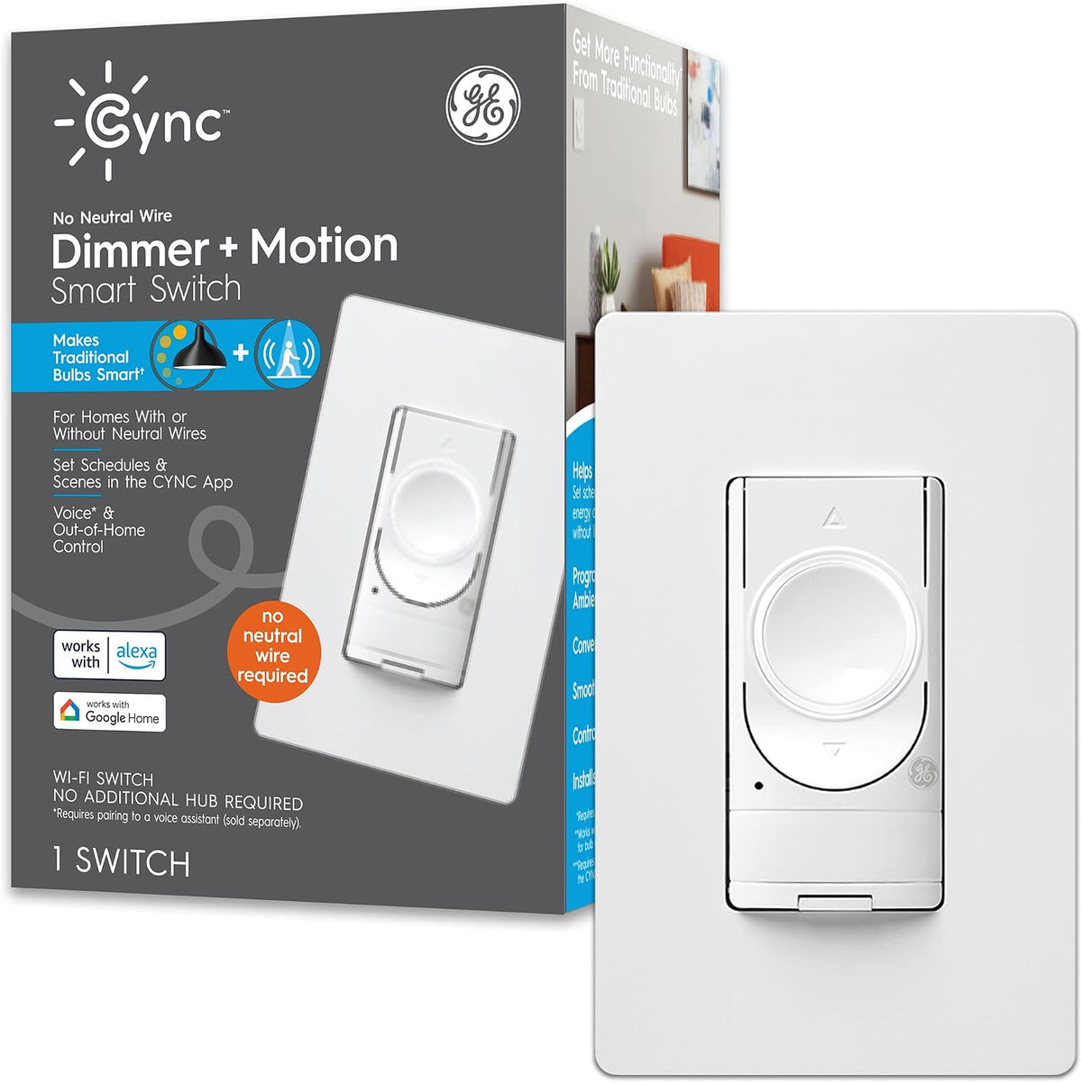GE CYNC Smart Dimmer Light Switch & Motion Sensor, No Neutral Wire Required