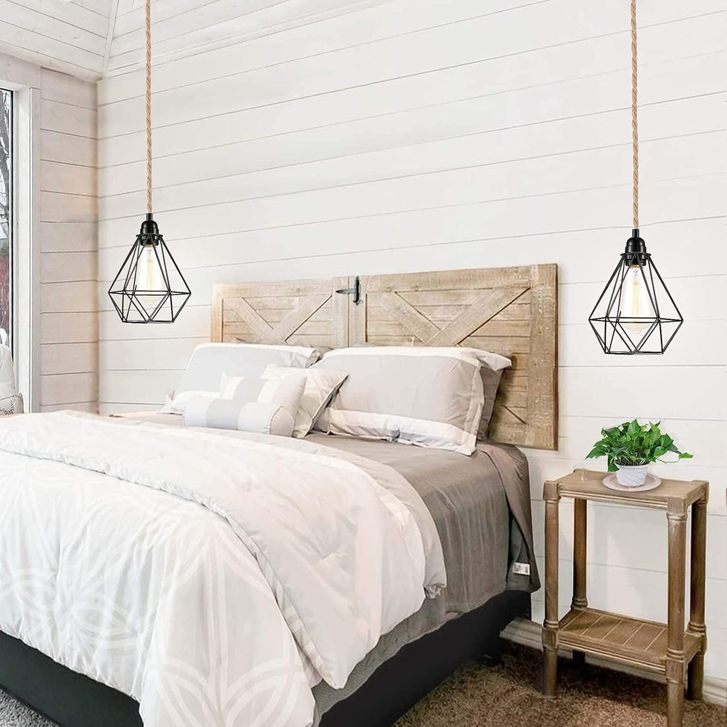 FRIDEKO HOME Farmhouse 15ft Pendant Lights - Hanging Lights with Plug in Cord Hemp Rope Pendant Lights Rustic Hanging Lamps that Plug into Wall Outlet for Kitchen Island Bedroom DIY Decor - 2 Pack