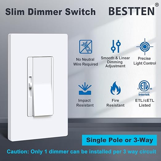 BESTTEN 6 Pack Super Slim Dimmer Light Switch, Quiet Rocker, Single Pole or 3 - Image 5