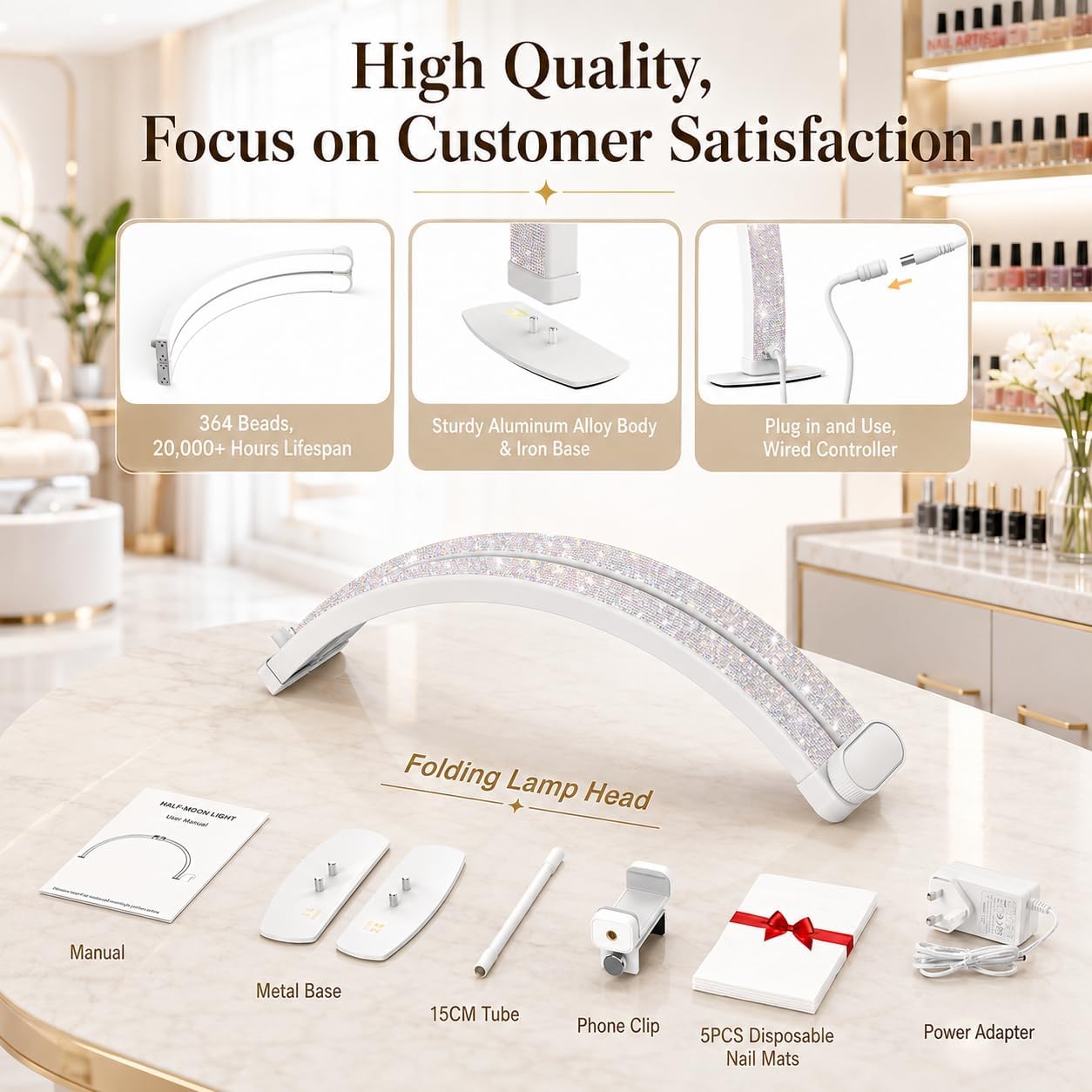 Half Moon Light for Nail Desk: 180° No-Shadow Manicure Table Lighting | 29'' with 3 Color Modes 10 Brightness Levels Keeps Nail Salon Work Area Lit for Manicurists - Phone Holder (Diamond)
