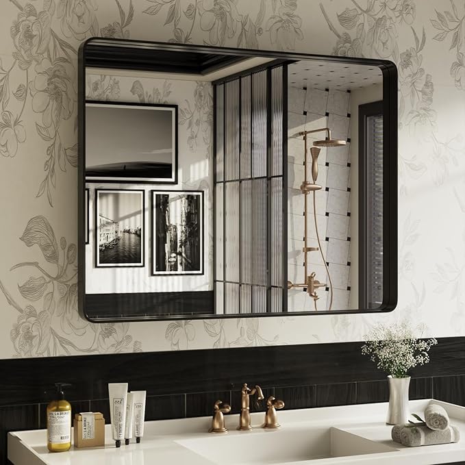 ISKM Black Bathroom Mirror for Wall 44" x 32" Matte Black Framed Vanity Mirror by ISKM-IStillKeepMovin