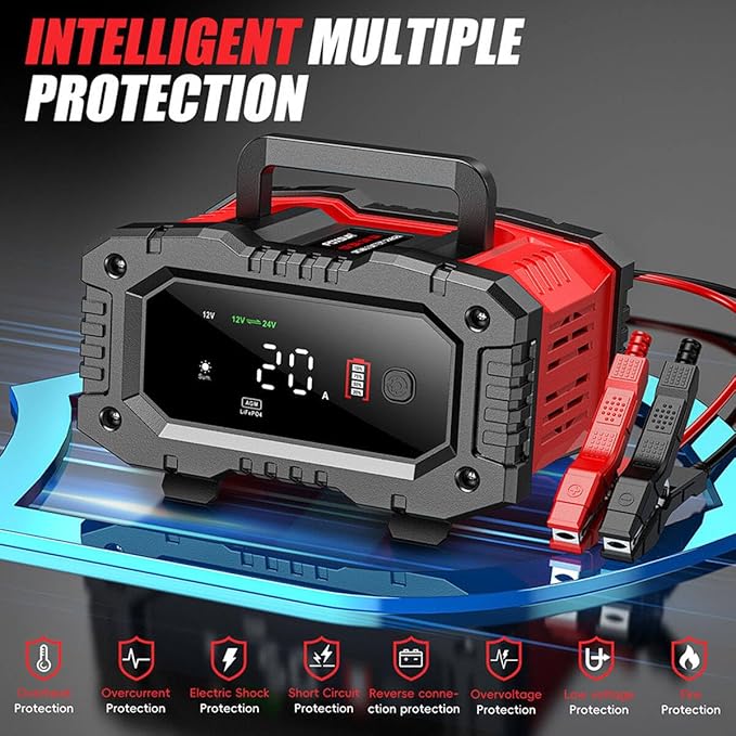Car Battery Charger 20Amp, 12V 24V LiFePO4 Lead Acid Automatic Smart Battery - Image 7