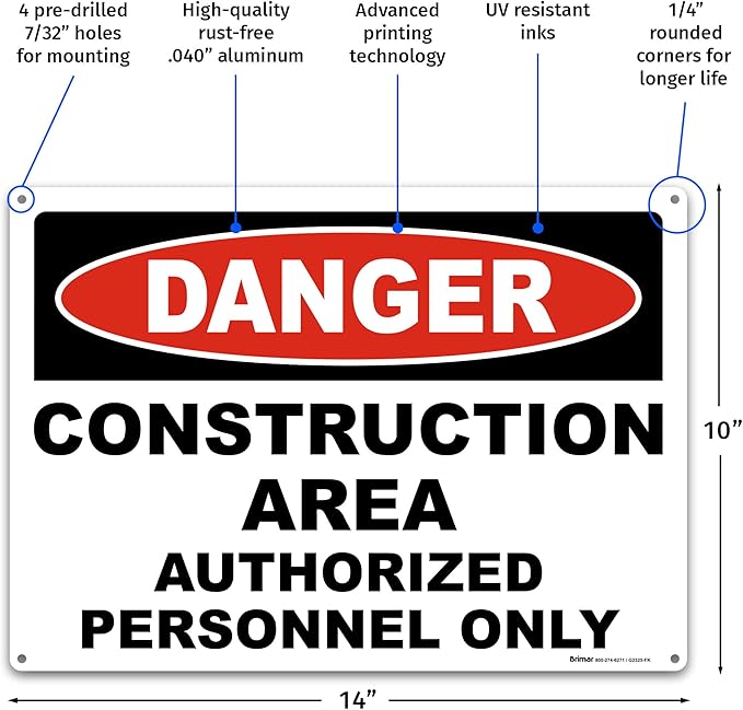 Brimar 14"x10" Danger Construction Area Safety Sign - Image 2