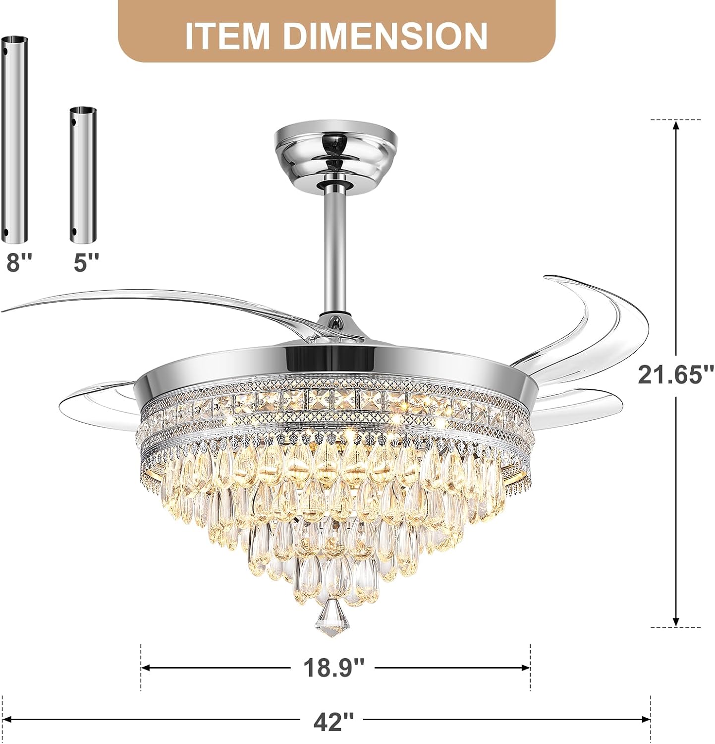 Baotree Chandelier Ceiling Fan with Lights and Remote,42 Inch Modern Flush Mount for Bedroom Indoor, Dimmable LED,Bluetooth Connection,Energy Efficient Quiet Retractable Blades (42 in White)