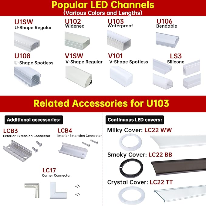 Muzata 10Pack 6.6FT/2M Plus-Size Spotless LED Channel Black LED Strip Diffuser - Image 8
