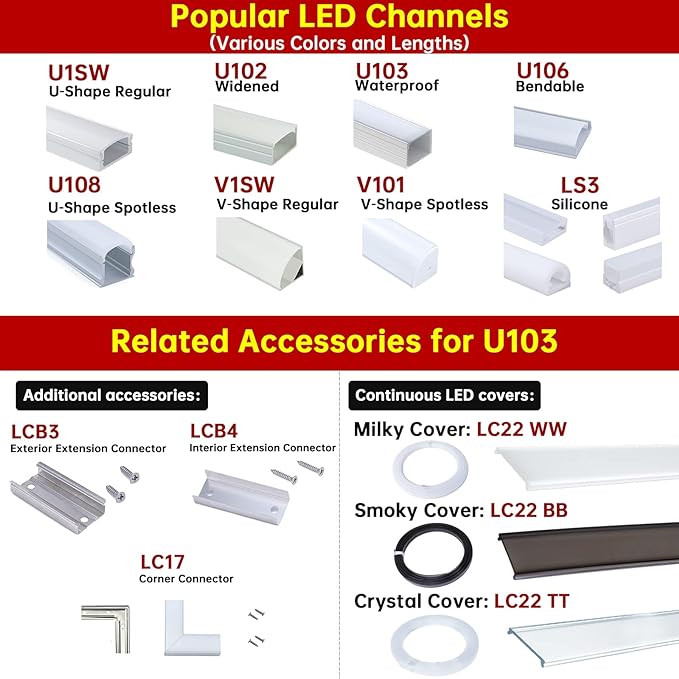 Muzata 20Pack 3.3FT/1M Plus-Size Spotless LED Channel Black LED Strip Diffuser - Image 8