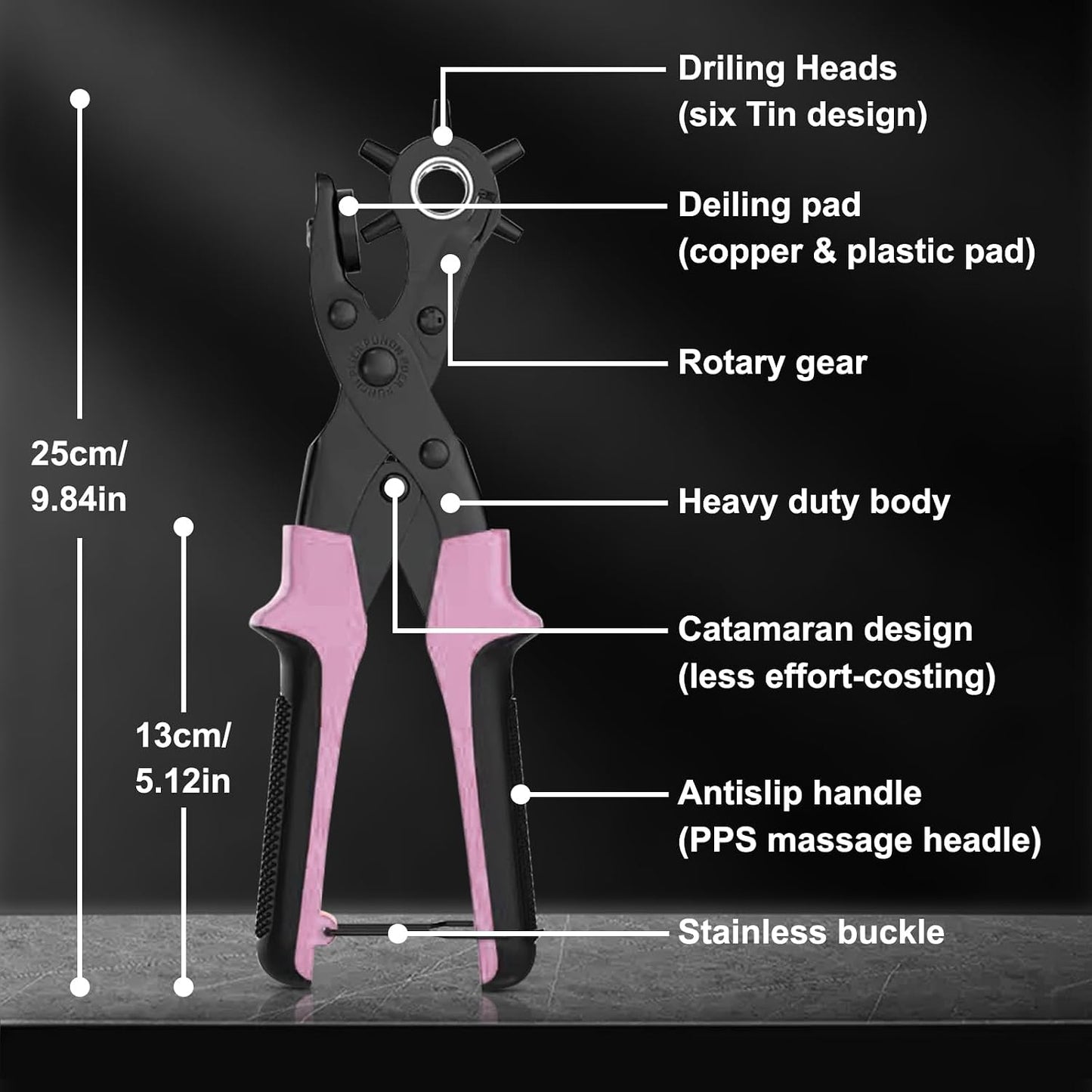 Diyife Leather Hole Puncher, Revolving Punch Plier, 6 Size Adjustment, Pink | Double-lever Design, More Labor-saving, Ergonomic & Locking Handles, 3 Extra Punch Plates Included, for Belts, Leather
