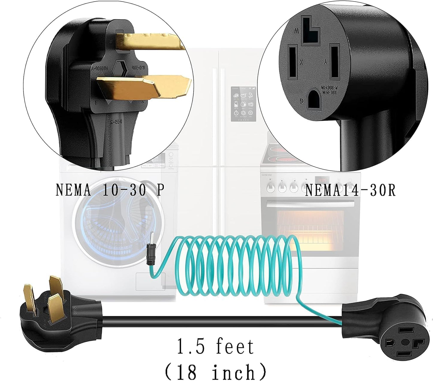 Dryer Adapter 4 Prong to 3 Prong, 4P Newer Dryer to 3P Older House, Dryer Convert Cord NEMA 10-30P Plug to 14-30R Receptacle, 220V 30 Amp 10 AWG STW 1.5FT with Safety Ground Wire