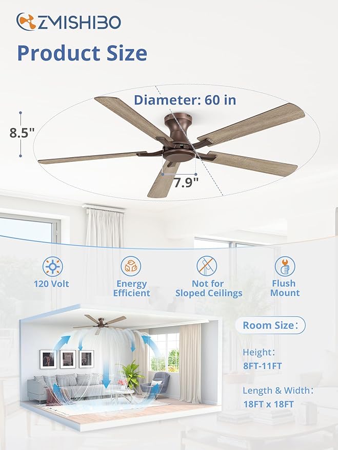 ZMISHIBO 60 Inch Ceiling Fan No Light, Flush Mount Low Profile, Farmhouse Brown - Image 4