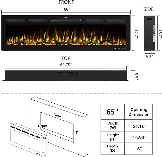 65" WiFi Electric Fireplace Inserts, Recessed and Wall Mounted Fireplace Heater - Image 5