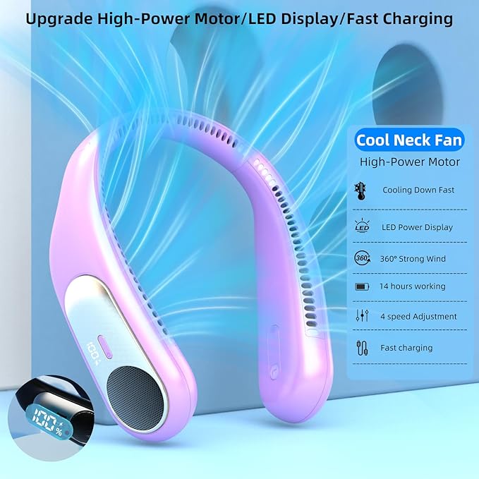 Portable Neck Fan, Personal Wearable Bladeless Fan, LED Display, 6000mAh USB - Image 3