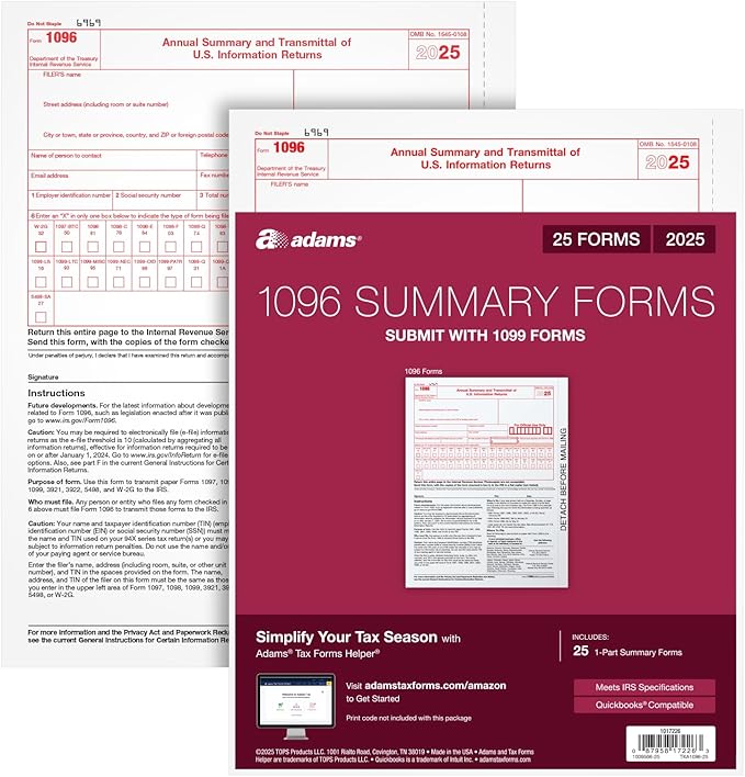Adams 1096 Forms 2025, 1-Part Summary Transmittal Forms by TOPSProducts