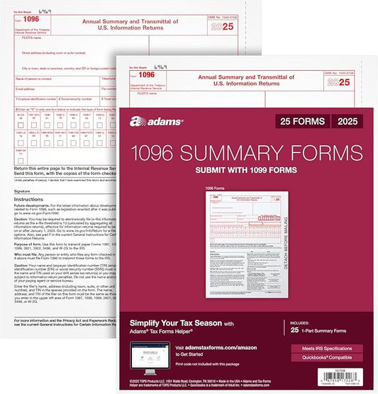 Adams 1096 Forms 2025, 1-Part Summary Transmittal Forms by TOPSProducts