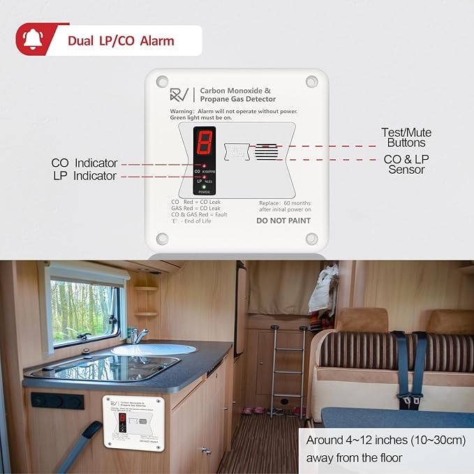 RV Carbon Monoxide and Propane Detector, 2 in 1 Dual CO/LP Gas Alarm, Replace - Image 2
