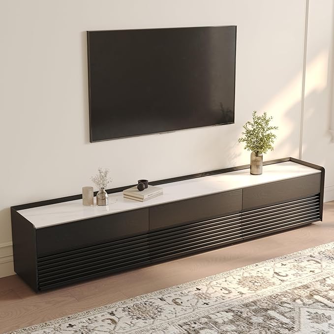 POVISON Fully-Assembled Mid Century Glossy Sintered Stone TV Stand, 94.49" Wood by POVISON
