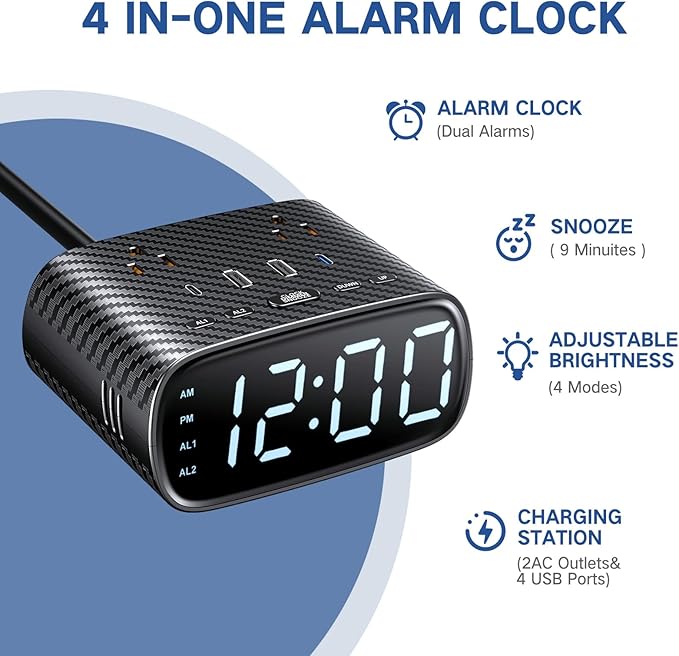 XBA Digital Alarm Clock with 20W USB C Ports, Dual Alarm Clock Power Strip with - Image 3