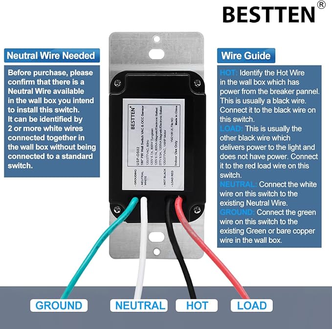 BESTTEN 5 Pack Motion Sensor Light Switch, PIR Vacancy & Occupancy, 800W 1/6 HP - Image 5