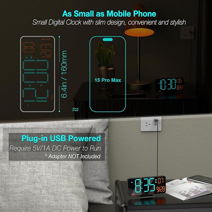 KOSUMOSU Alarm Clocks for Bedrooms, 6.7" Black Small Digital Clock LED - Image 2
