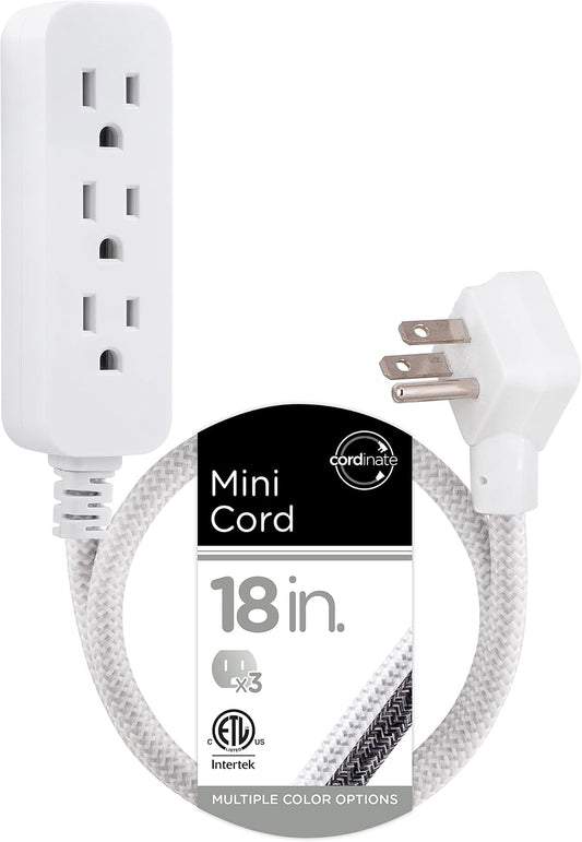 Cordinate Mini 3-Outlet Power Strip, 18 in Braided Extension Cord