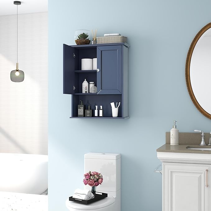 Bathroom Wall Cabinet Navy Blue Over Toilet Storage Cabinets 24x30 in Above - Image 2