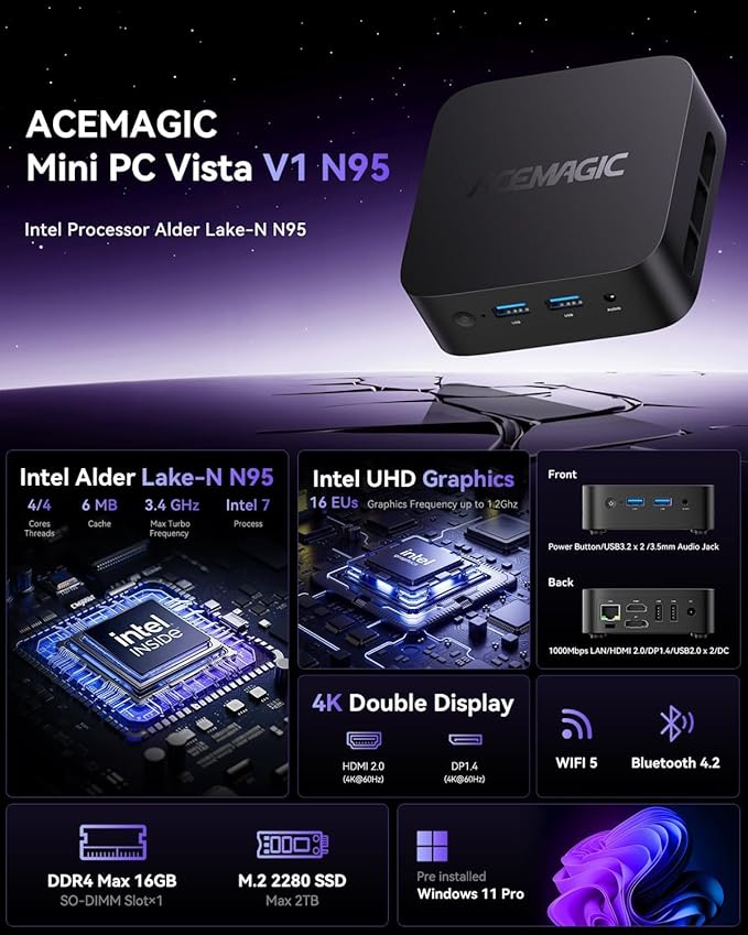 ACEMAGIC Mini Pc 11 Pro, Processor N95 up to 3.4 GHz Mini Computers, 16GB DDR4 - Image 3