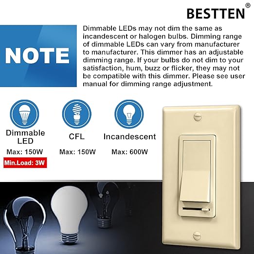 BESTTEN 2 Pack Almond Dimmer Wall Light Switch, Compatible - Image 7