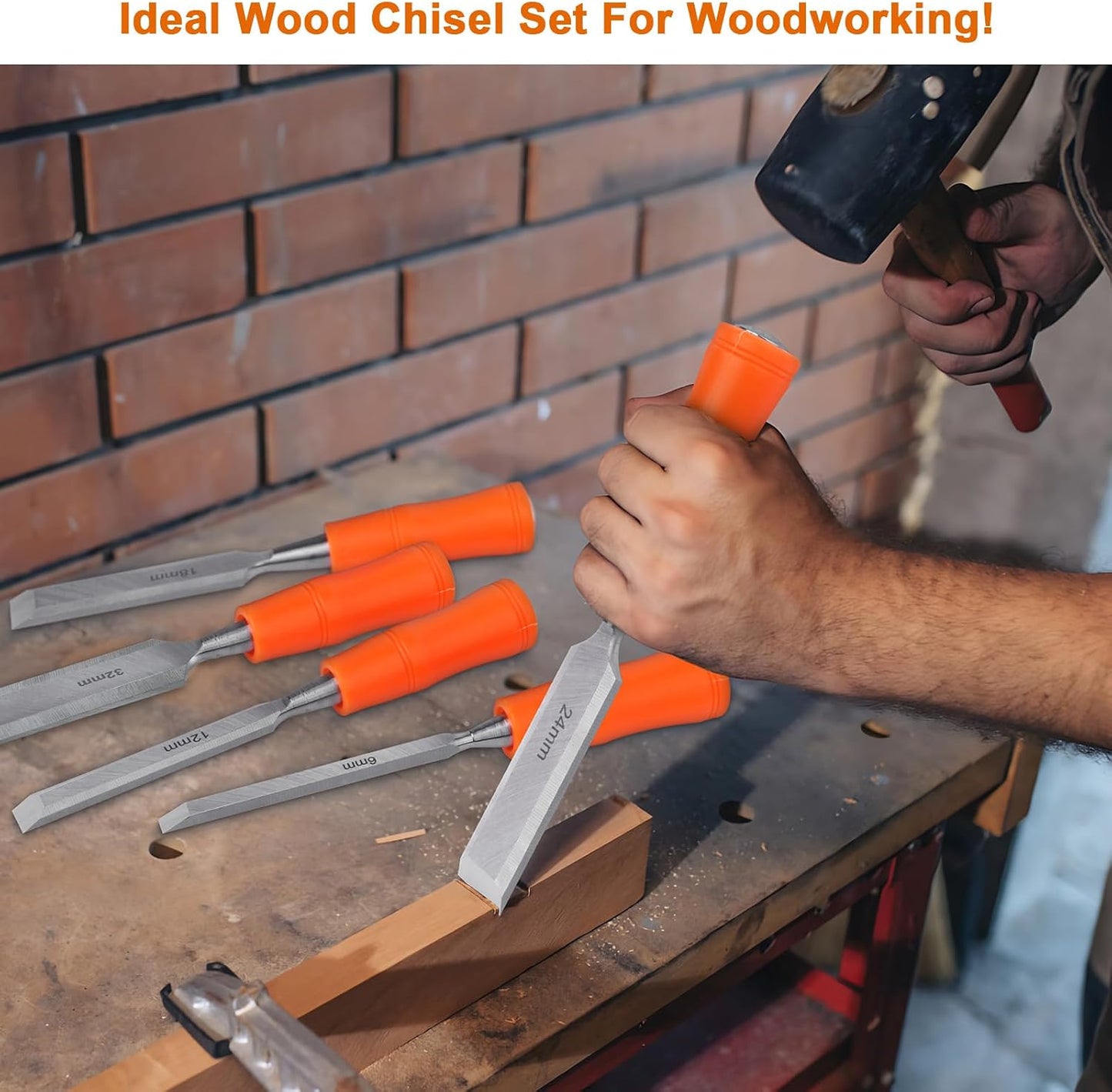 5 Piece Wood Chisel Sets Woodworking Tools Set, Wood Chisels for Woodworking with Steel Hammer End, Wood Tools Chisel Set Woodworking with Ergonomic Plastic Handle, 6mm, 12mm, 18mm, 24mm, 32mm