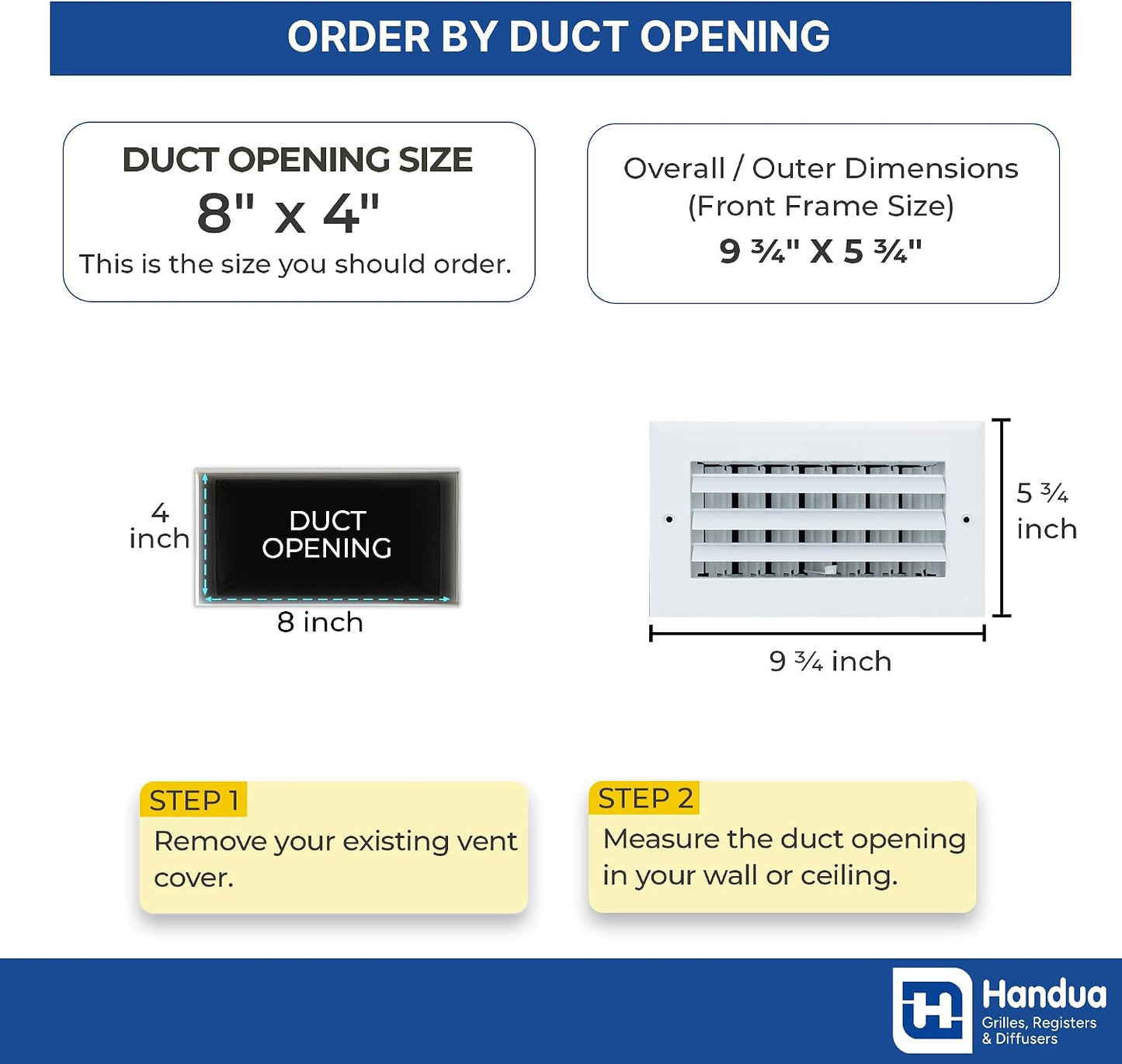 Fits 8x4 Duct Opening Aluminum 1-Way Adjustable Air Supply Grille by Handua | Curved Blade Register Vent Cover for Sidewall & Ceiling | White | Outer Size: 9.75" X 5.75"