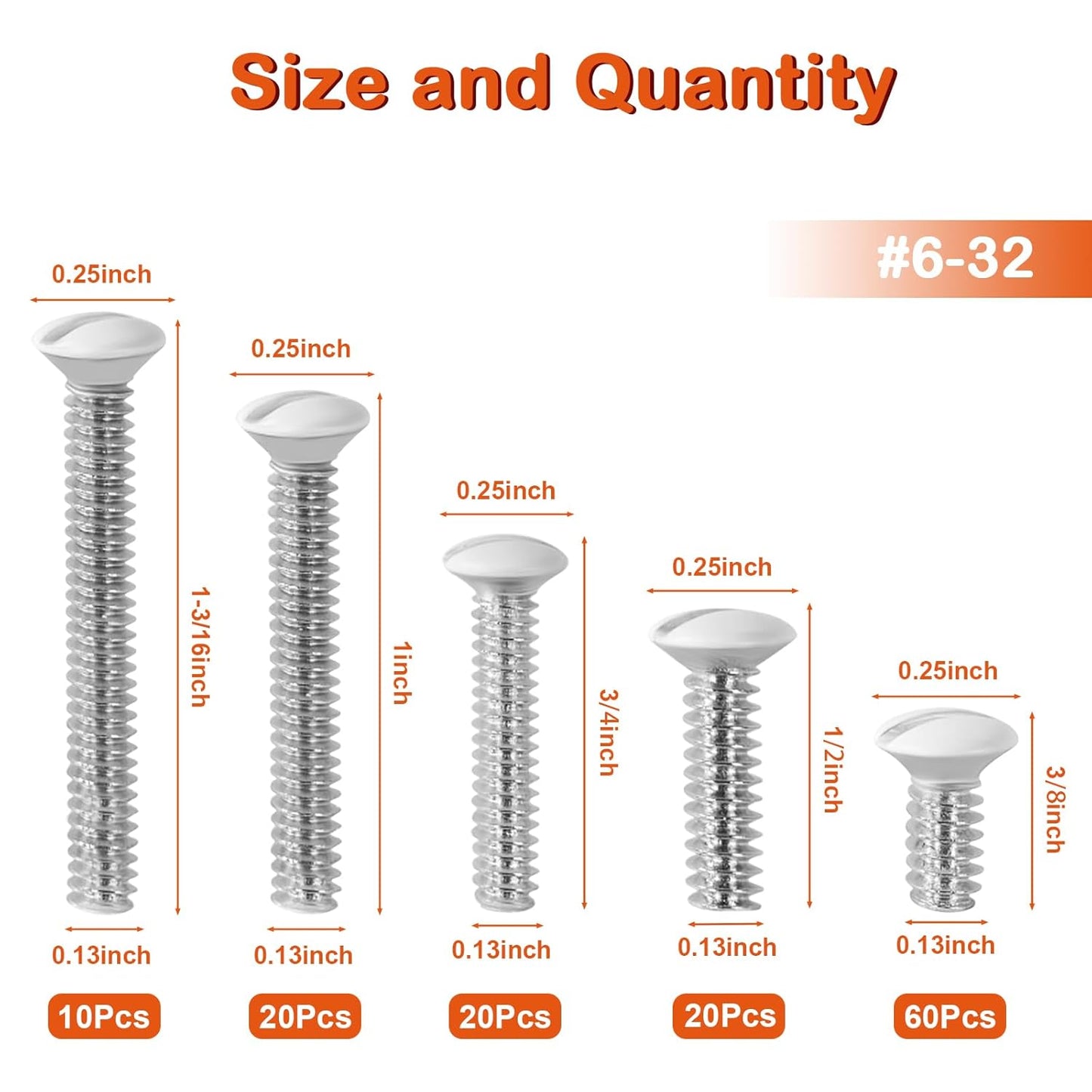 130PCS Wall Plate Screws,6-32 Thread White Outlet Cover Screws,Oval Head Slotted Light Electrical Cover Panel Switch Plate Screws,5 Length 3/8", 9/16", 3/4", 1", 1-3/16" Long