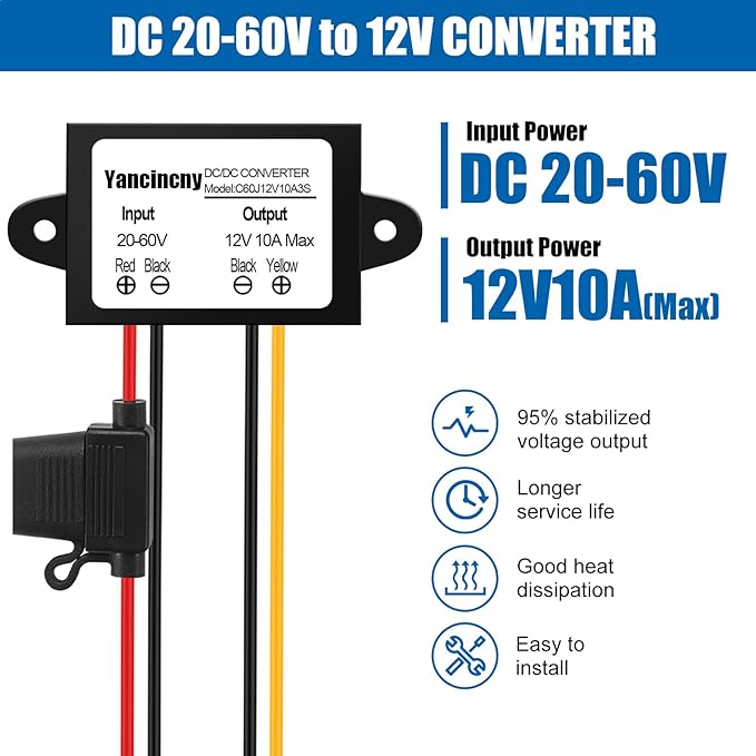 Yancincny DC 20V-60V to 12V Buck Converter 10A 120W Golf Cart 24V 36V 48V 60V - Image 2
