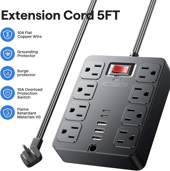 13 in 1 Surge Protector Power Strip Flat Plug 8 Widely AC Outlet 3 USB Ports - Image 7