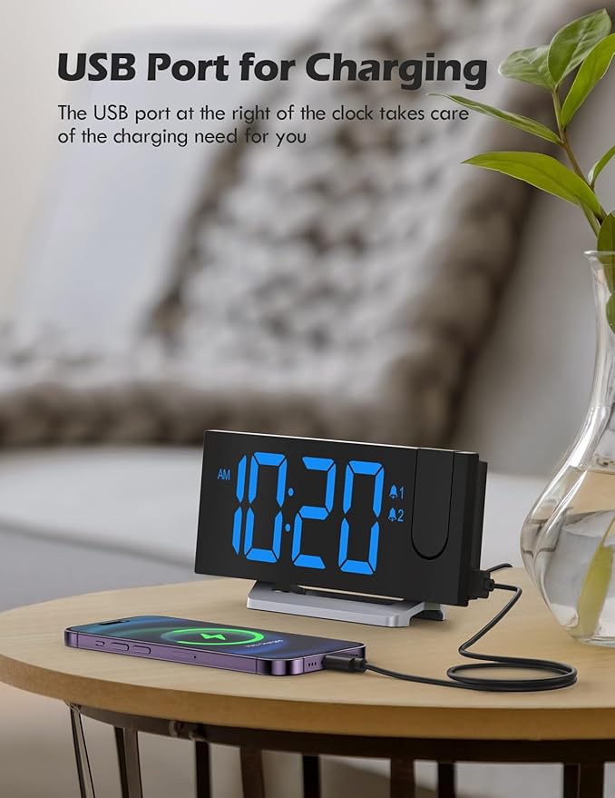 Projection Alarm Clock with FM Radio, USB Charging Port, 0-100% Dimmer - Image 5