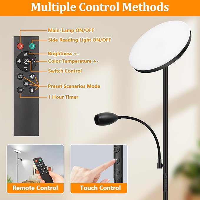 LED Torchiere Floor Lamp with Gooseneck Reading Light, Remote Control Standing - Image 7