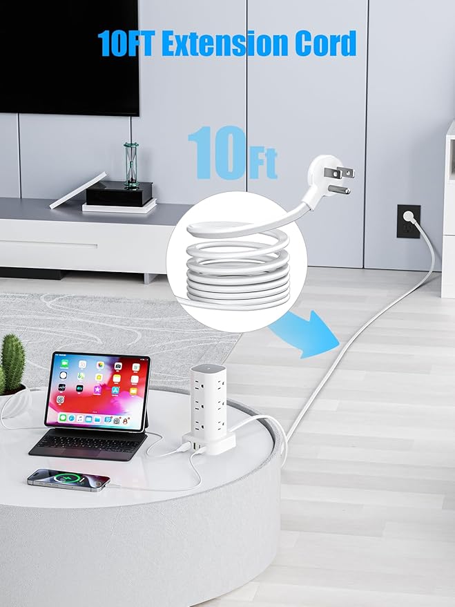 Tower Power Strip with 15W Wireless Charger, 10FT Flat Plug Extension Cord with - Image 8