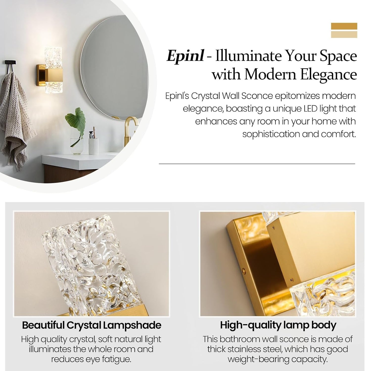 Epinl Gold Sconces Wall Lighting - Crystal Wall Sconces Set of Two Modern Bathroom Vanity Light Fixtures Hardwire Modern 4000K Dimmable LED Wall Mounted Sconces for Hallway Living Room