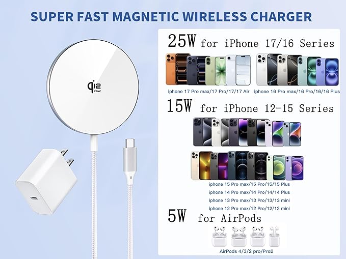 25W Magnetic Wireless Charger for iPhone, Qi2.2 Certified 6FT Fast Apple - Image 2