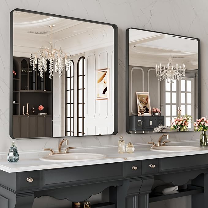LOAAO 32X32 Inch Black Metal Framed Bathroom Mirror - Image 4
