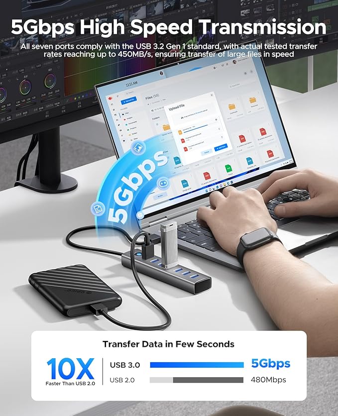 ORICO 7-Port USB 3.0 Hub, Aluminum USB Multiple Adapter, 5Gbps USB Extender USB - Image 3