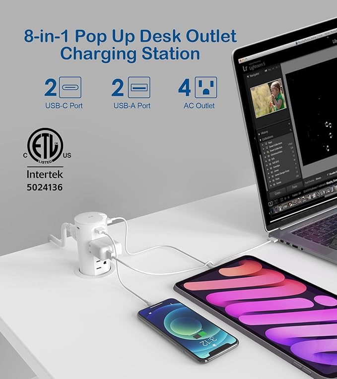2.5 inch Hole Pop up Outlet for Countertop, 20W USB C, 4 USB Ports, 4 Outlets - Image 2