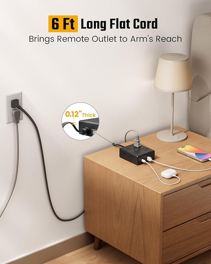 6Ft Extension Cord with Multiple Outlets, Flat Plug Power Strip Surge Protector - Image 2