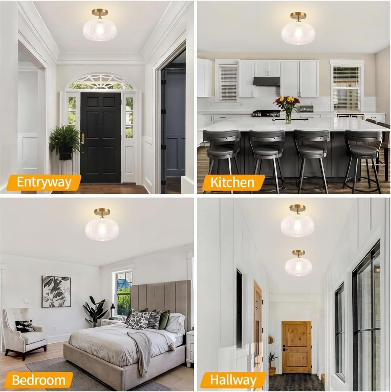 Gold Semi Flush Mount Ceiling Light Fixture,Hallway Light Fixtures,Vintage Ceiling Light Fixture,Globe Glass Ceiling Fixture,Adjustable Hanging Lighting for Bathroom Entryway Bedroom