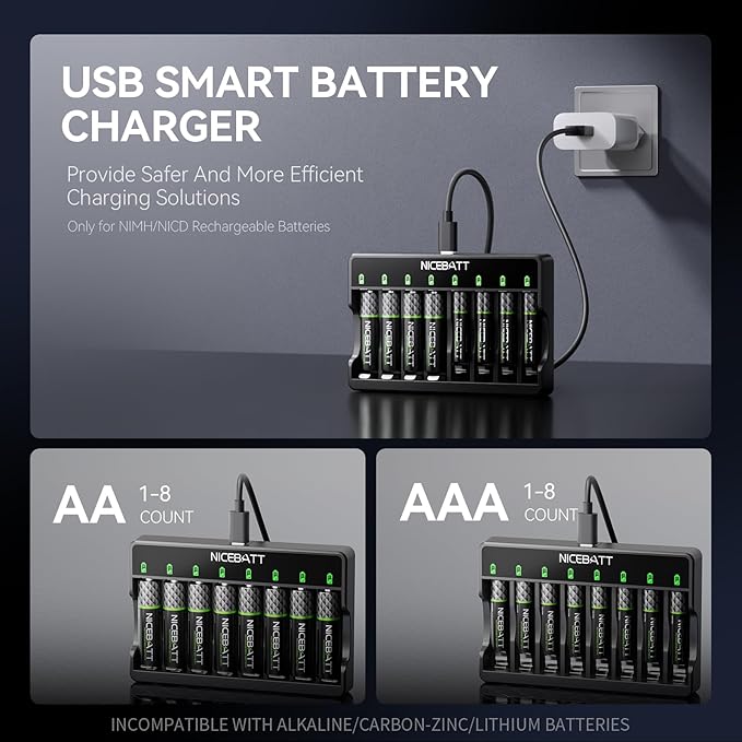 Smart 8 Bay AA AAA Battery Charger, Over-Discharge Damage Repair, USB Type-C - Image 2