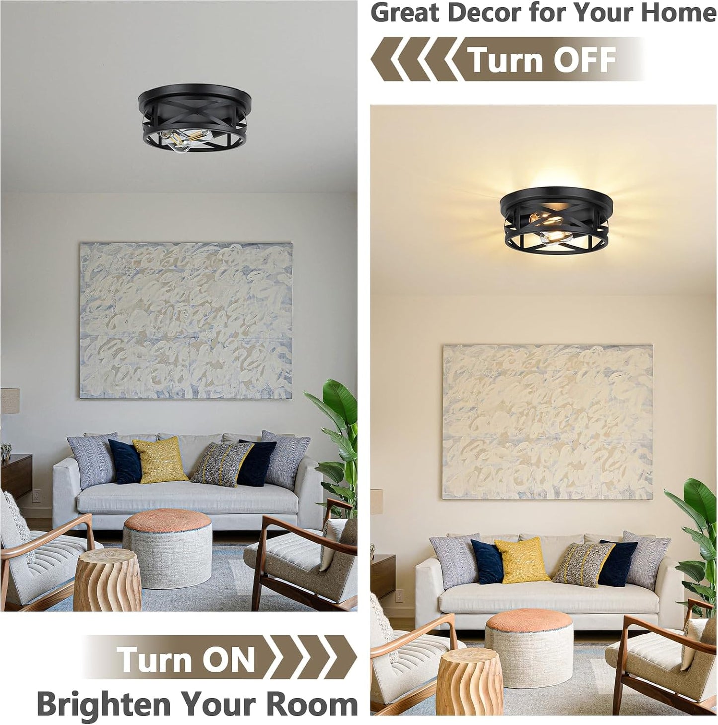 2-Light Flush Mount Ceiling Light Fixtures, 2-Pack | Farmhouse Black Ceiling Lights, Industrial Metal Cage Light Fixtures with Adjustable Head for Bedroom Hallway Kitchen